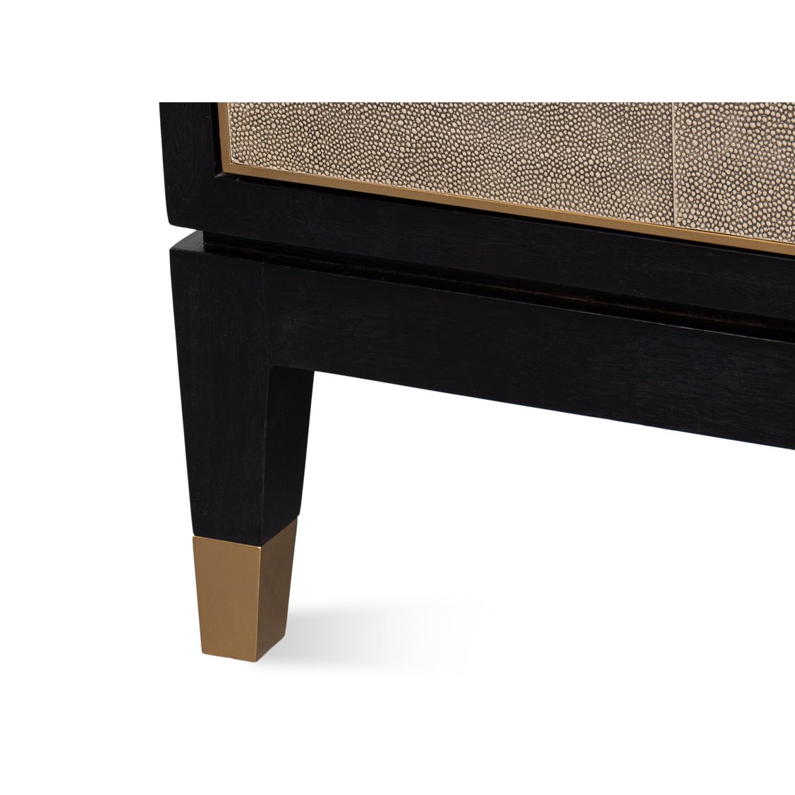 Leather wrapped credenza leg detail close-up.