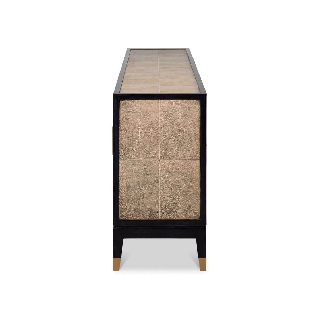 Leather wrapped credenza side view.