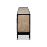 Leather wrapped credenza side view.