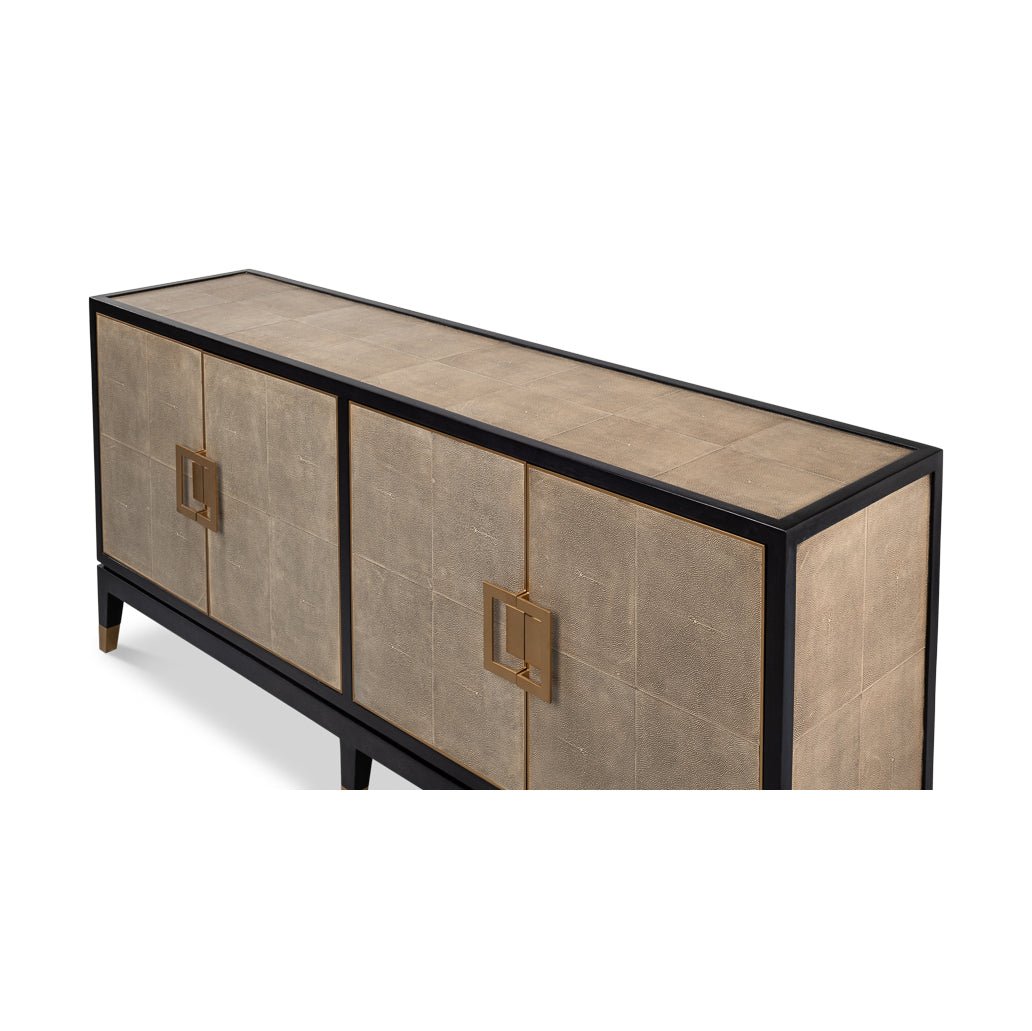 Leather wrapped credenza close-up from top angle.