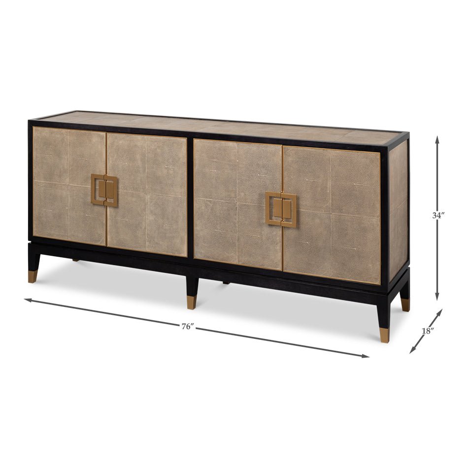 Leather wrapped credenza with dimensions, front angle view.