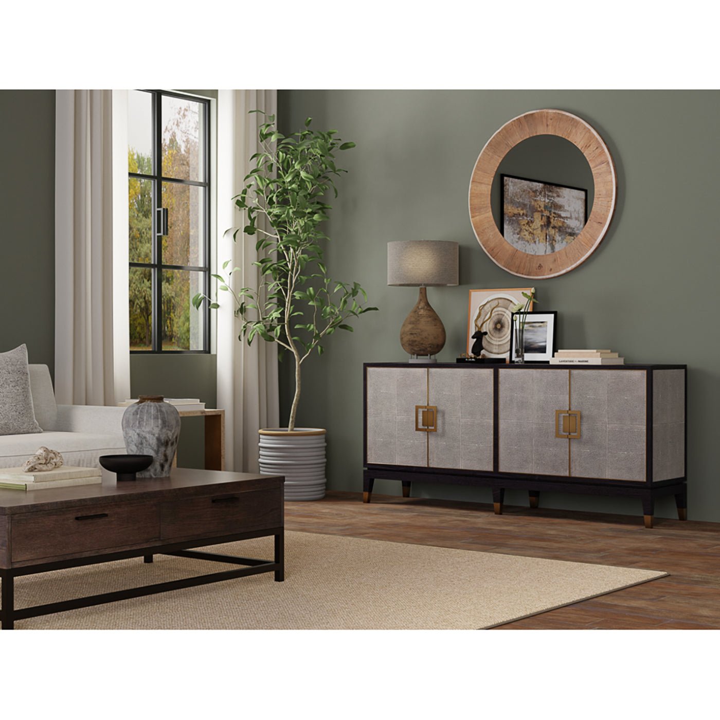Leather wrapped credenza in living room decor.