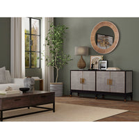 Leather wrapped credenza in living room decor.
