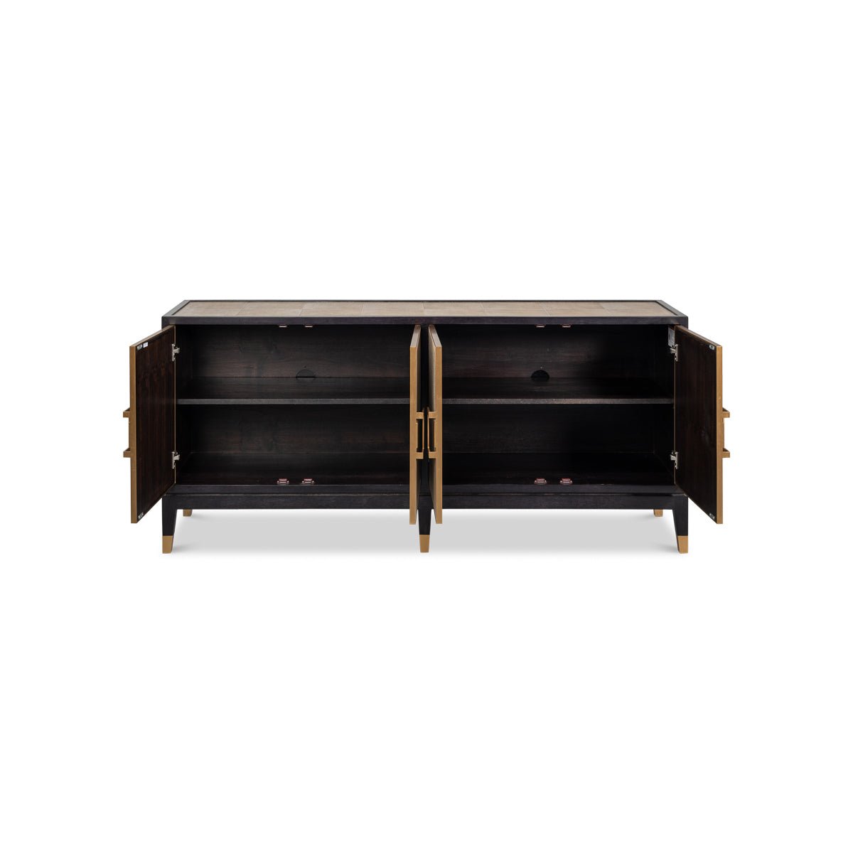 Leather wrapped credenza with open doors, interior shelves visible.