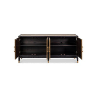 Leather wrapped credenza with open doors, interior shelves visible.