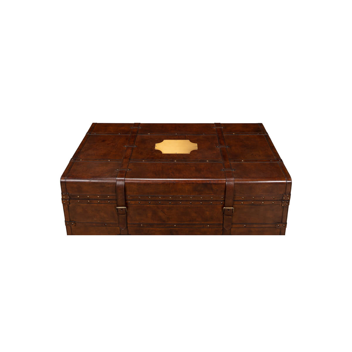 Top view, closed leather trunk coffee table with decorative plate.
