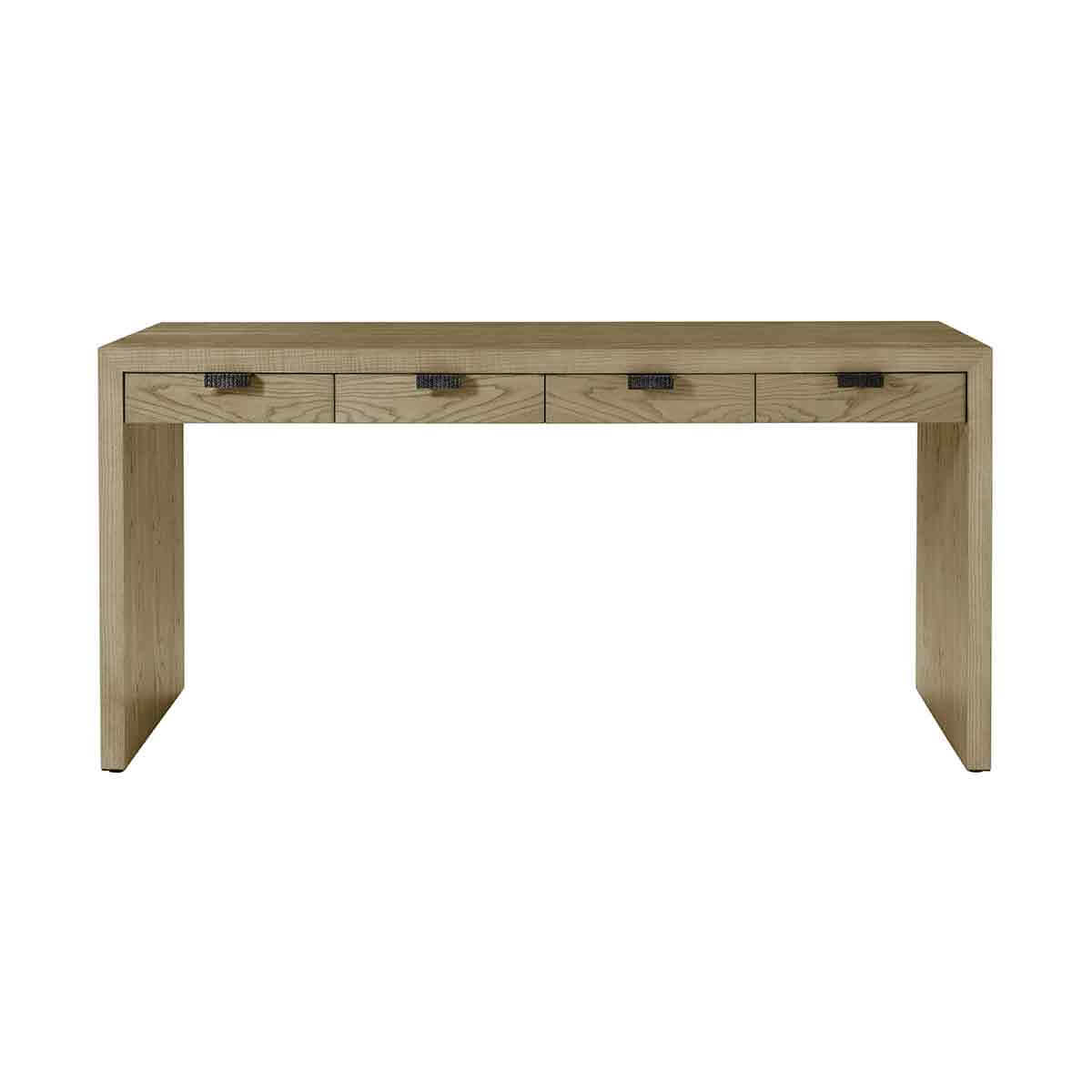 Light ash modern desk straight front view with drawers.