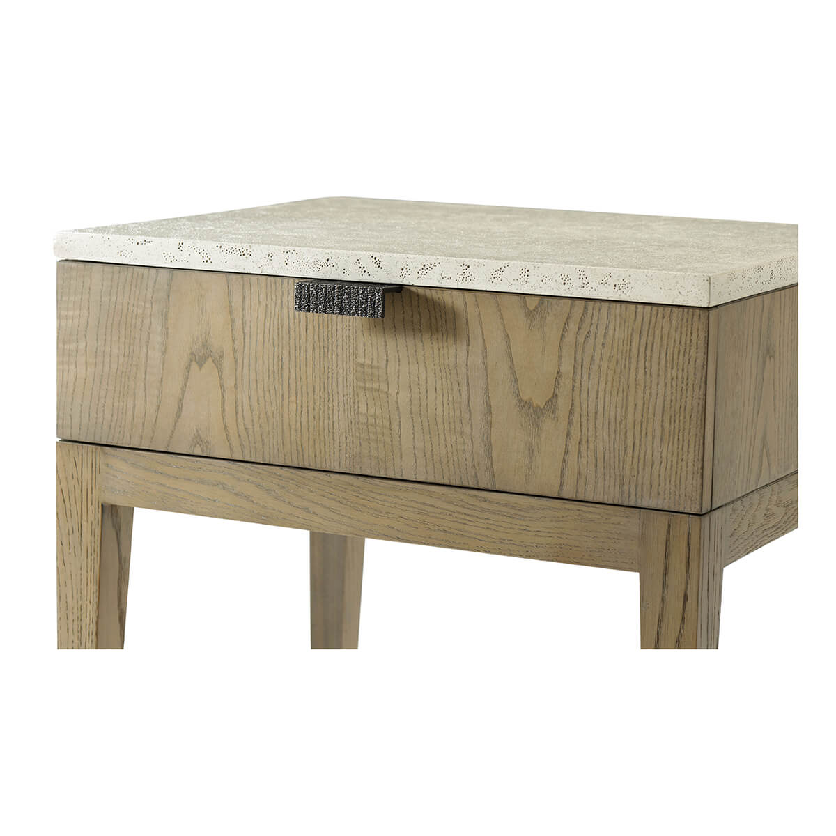 Light ash modern nightstand, detailed front view.