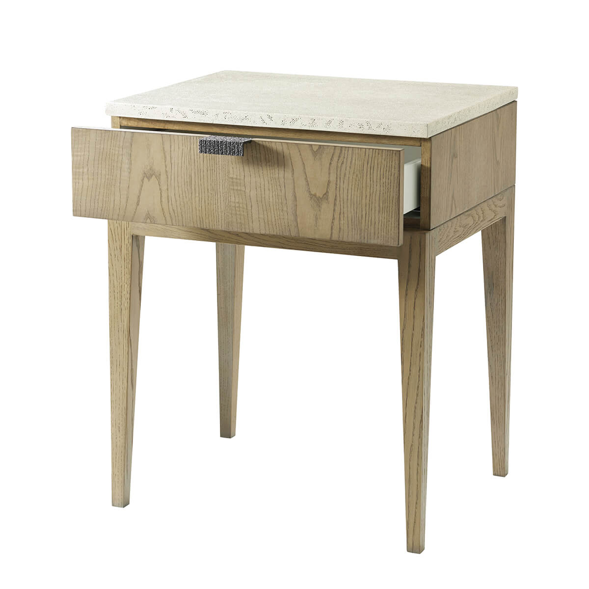 Light ash modern nightstand front view, open drawer.
