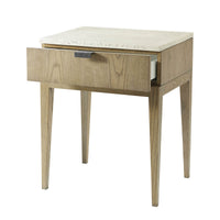 Light ash modern nightstand front view, open drawer.
