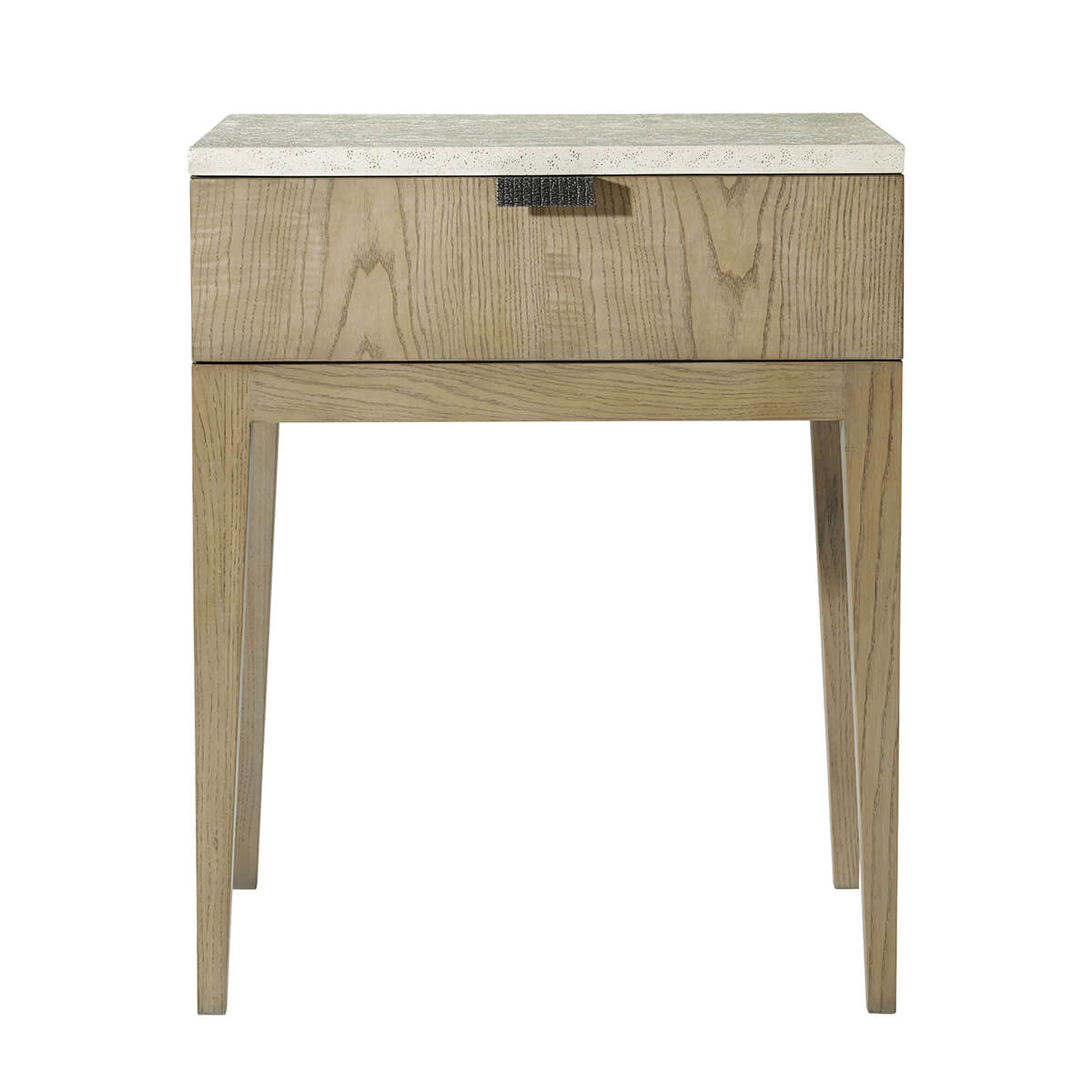Light ash modern nightstand, front angle.