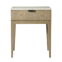 Light ash modern nightstand, front angle.