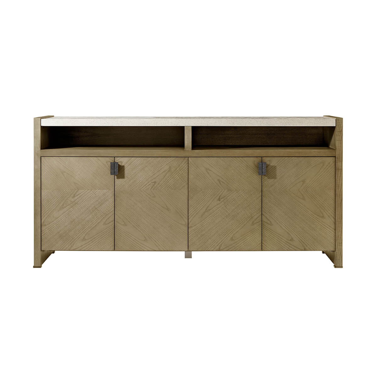 Front view of light ash modern sideboard with shelves.