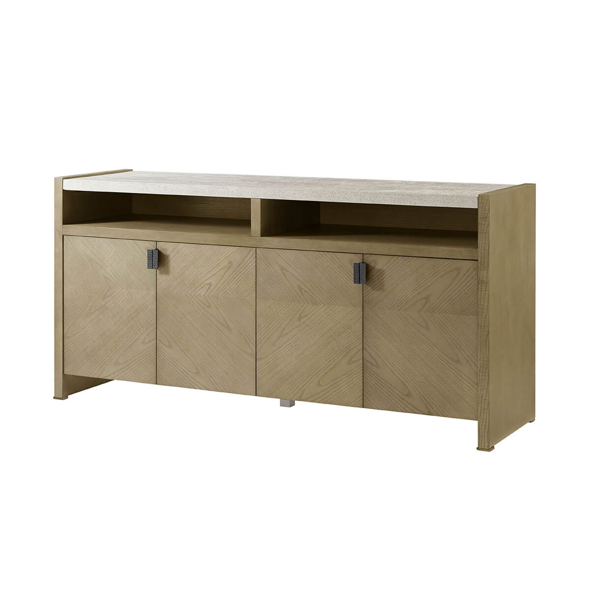 Light ash modern sideboard, angled view, four doors.