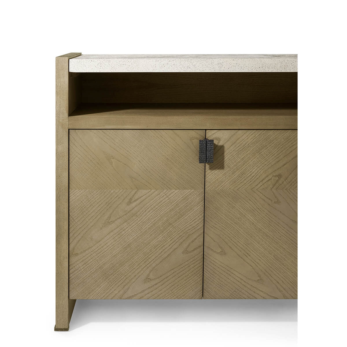 Close-up of light ash modern sideboard door and handle.