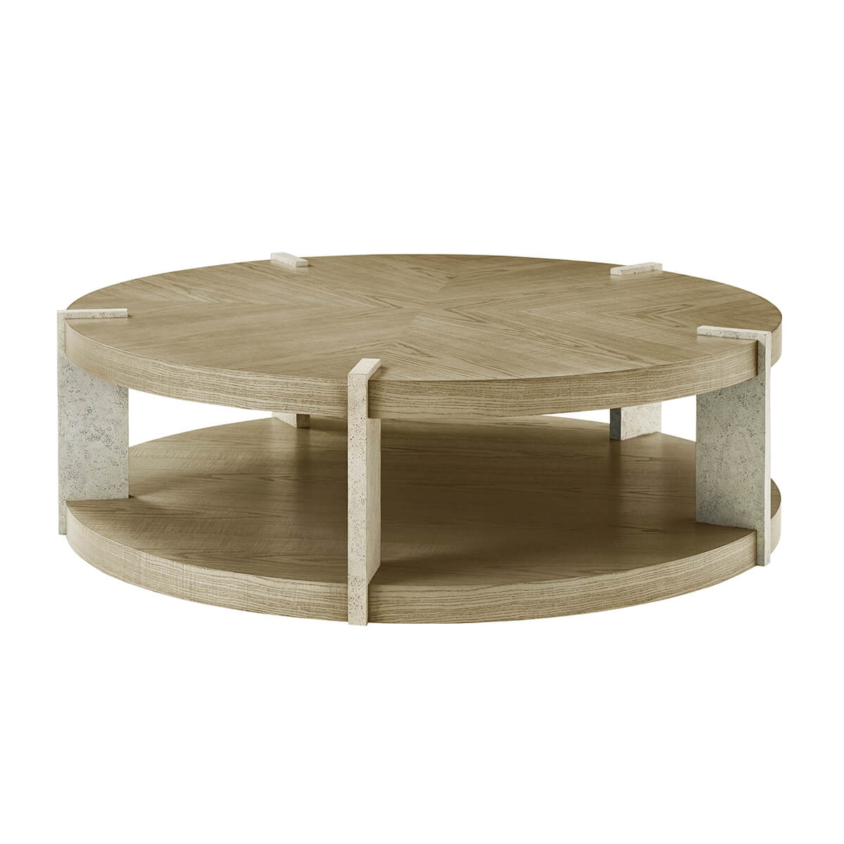 Light ash round coffee table, front perspective view.