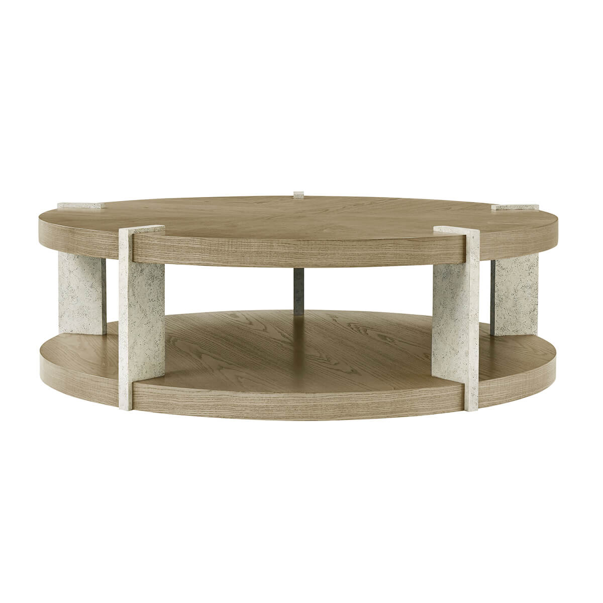 Light ash round coffee table, side perspective view.