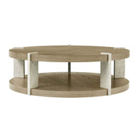Light ash round coffee table, side perspective view.