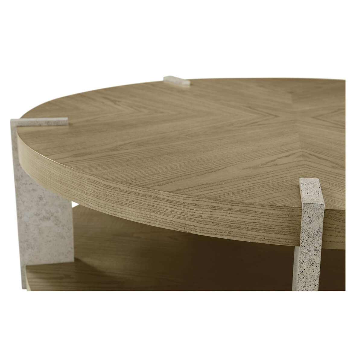 Close-up of light ash coffee table top and supports.
