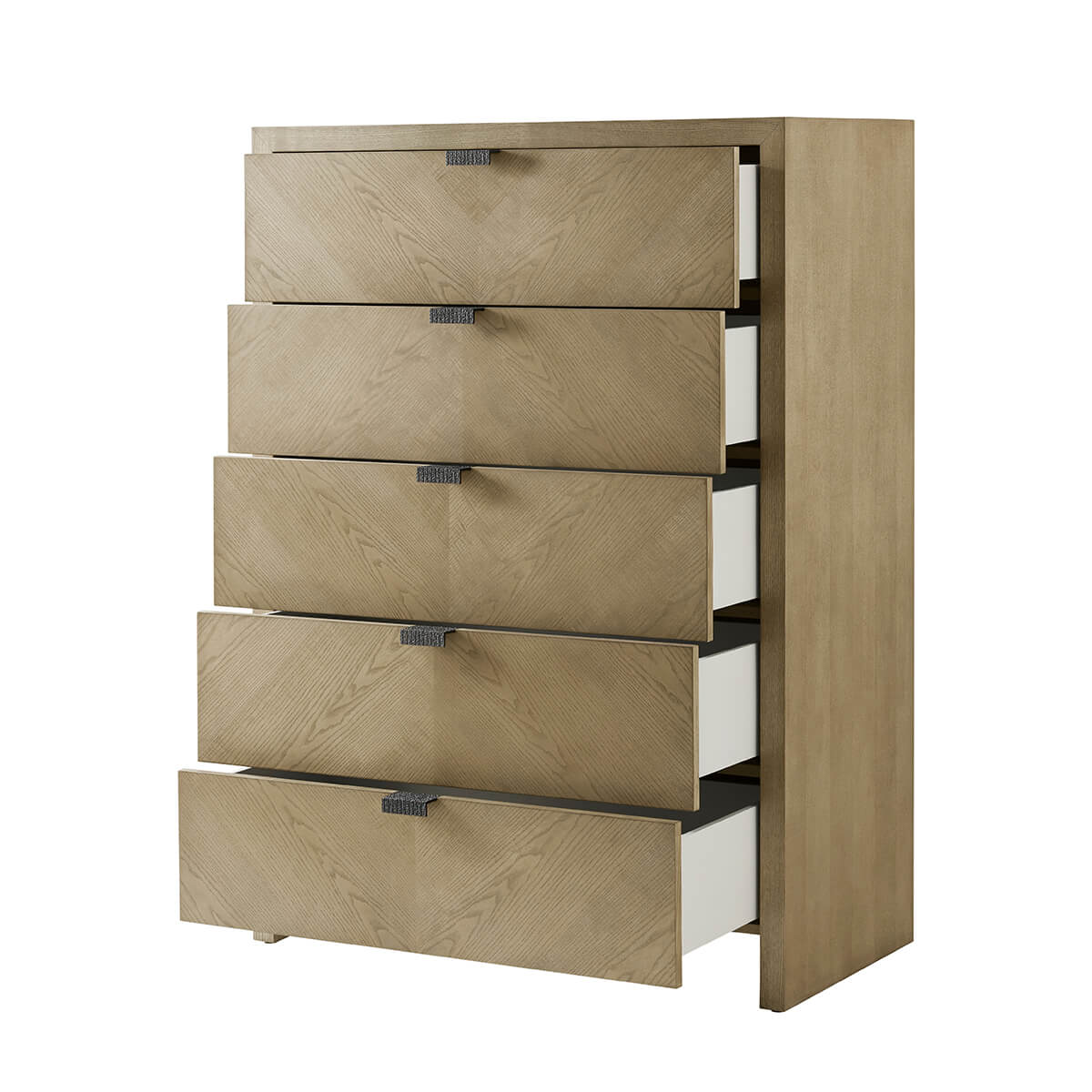 Tall chest with open drawers, side angle.