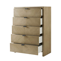 Tall chest with open drawers, side angle.