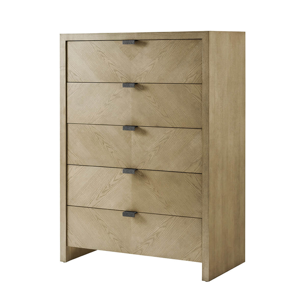 Tall chest with five drawers, angled view.