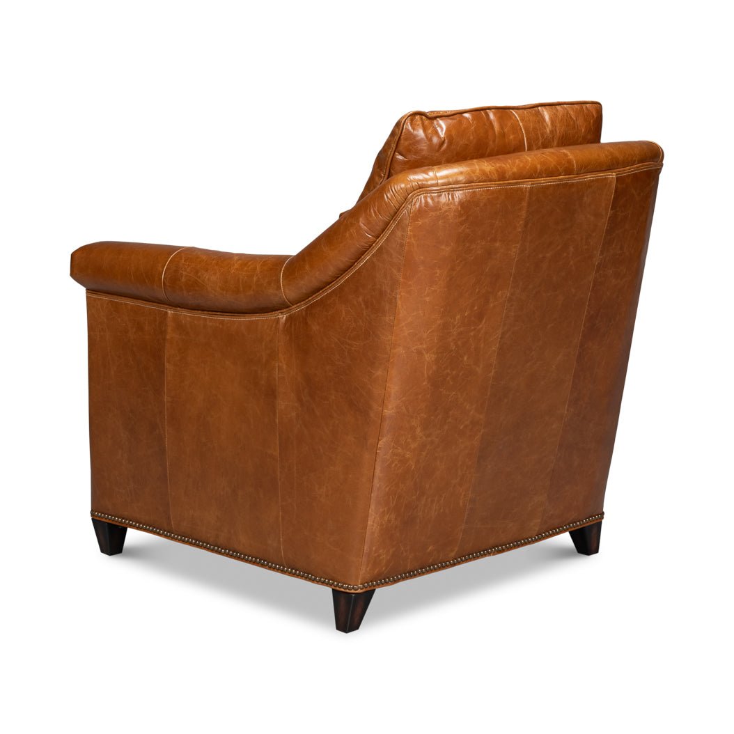 Light brown leather accent chair back angle view.