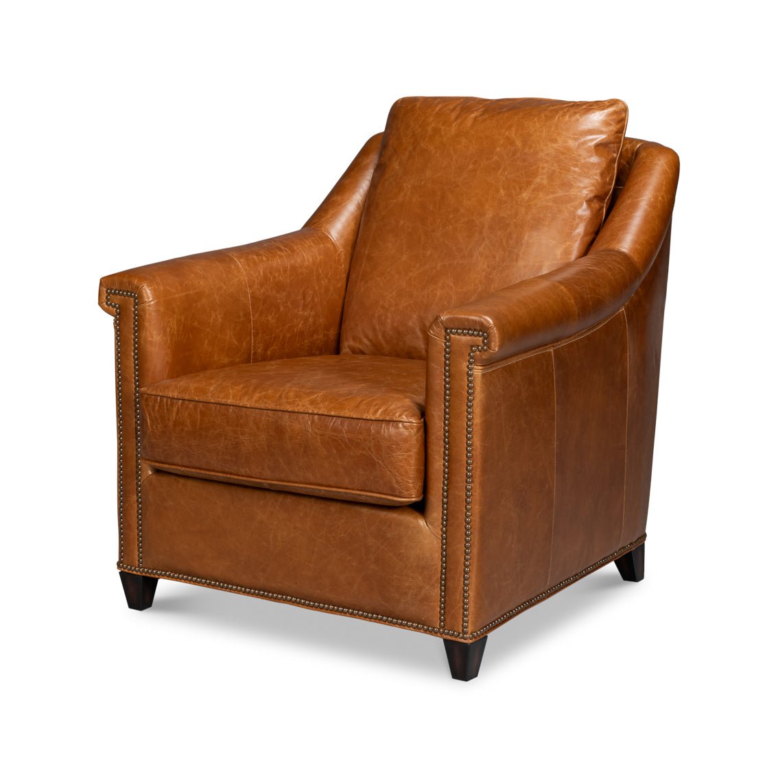 Light brown leather accent chair front angle view.