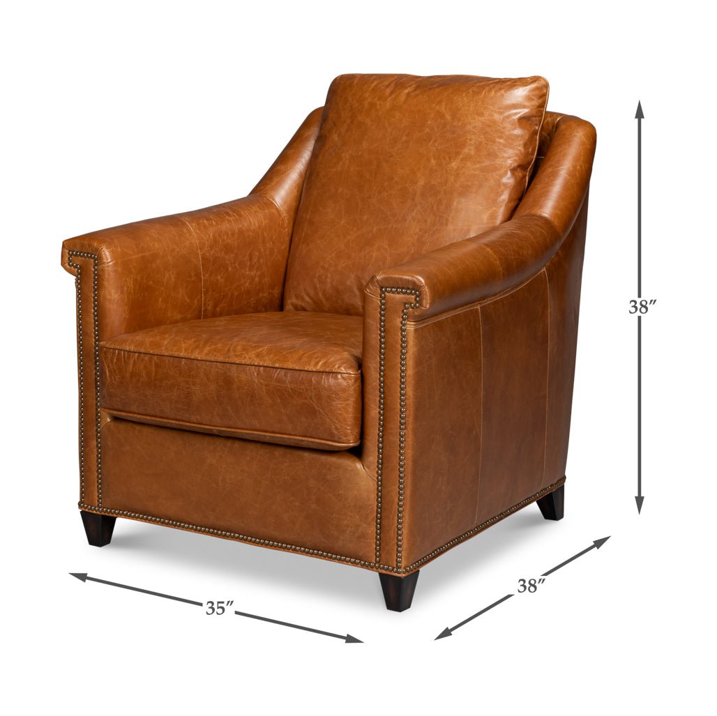 Light brown accent chair with dimensions displayed.