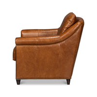 Light brown leather accent chair side profile.