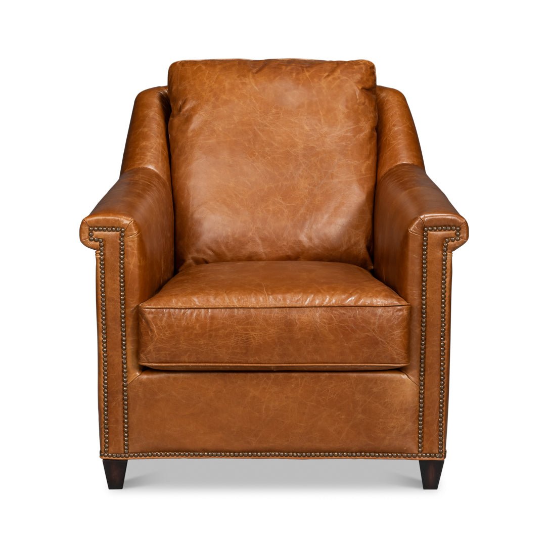 Light brown leather accent chair front view.