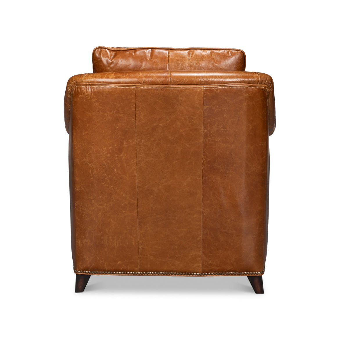 Light brown leather accent chair back view.