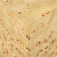 Close-up corner detail burl wood, cube accent table.
