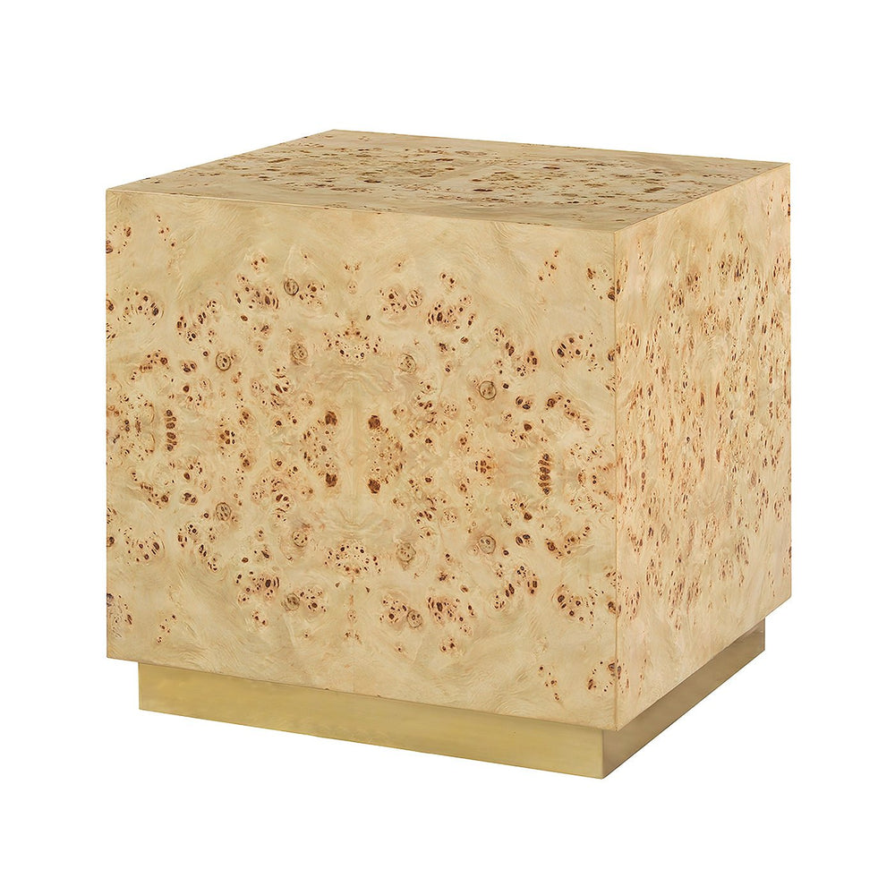 Light burl wood cube table front view, accent tables.