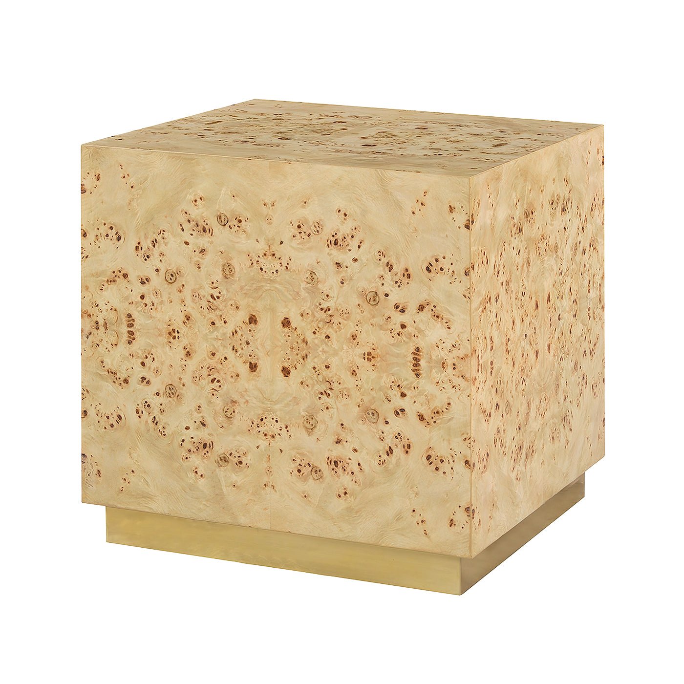 Light burl wood cube table front view, accent tables.