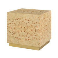 Light burl wood cube table front view, accent tables.