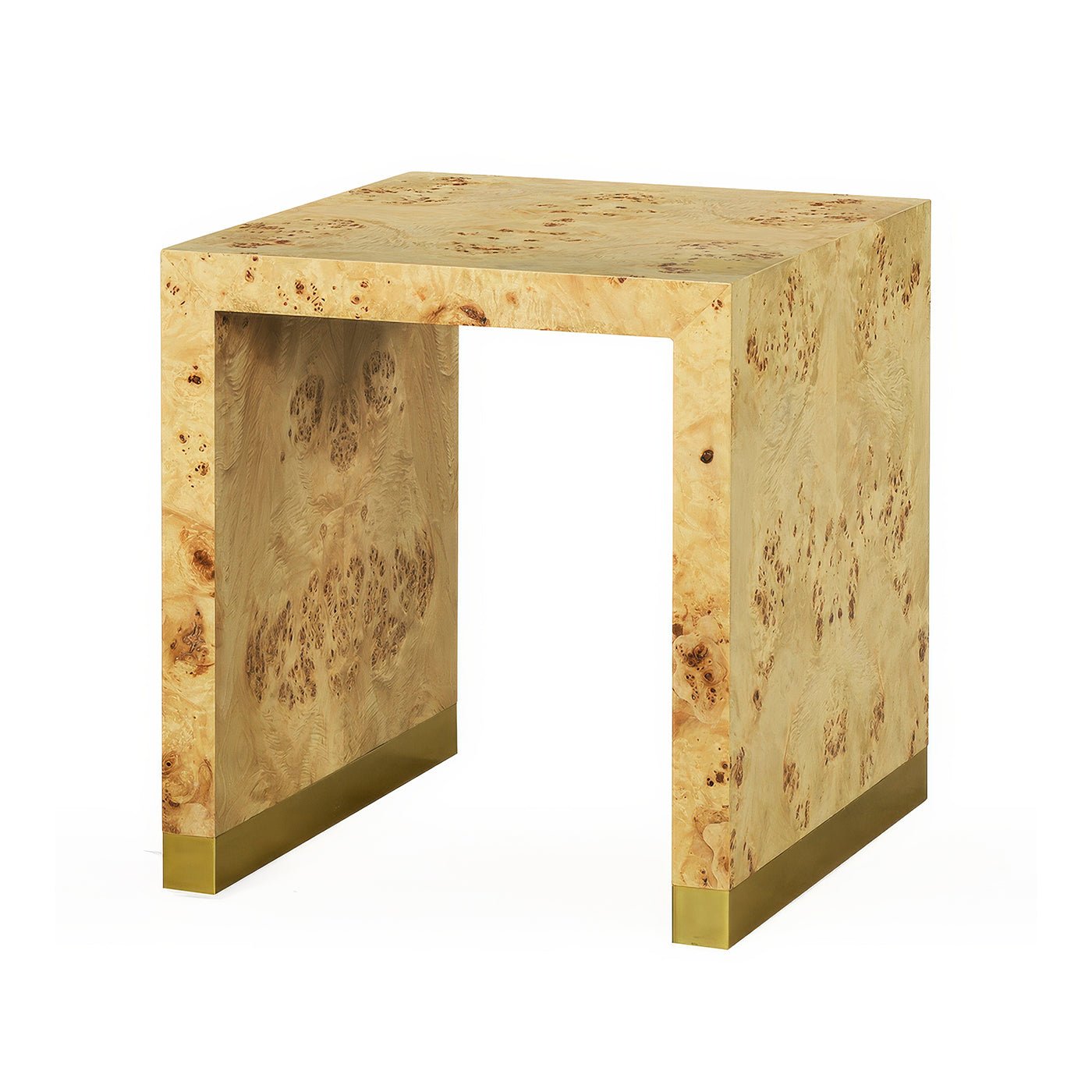 Burl wood end table, angled view with brass accents.