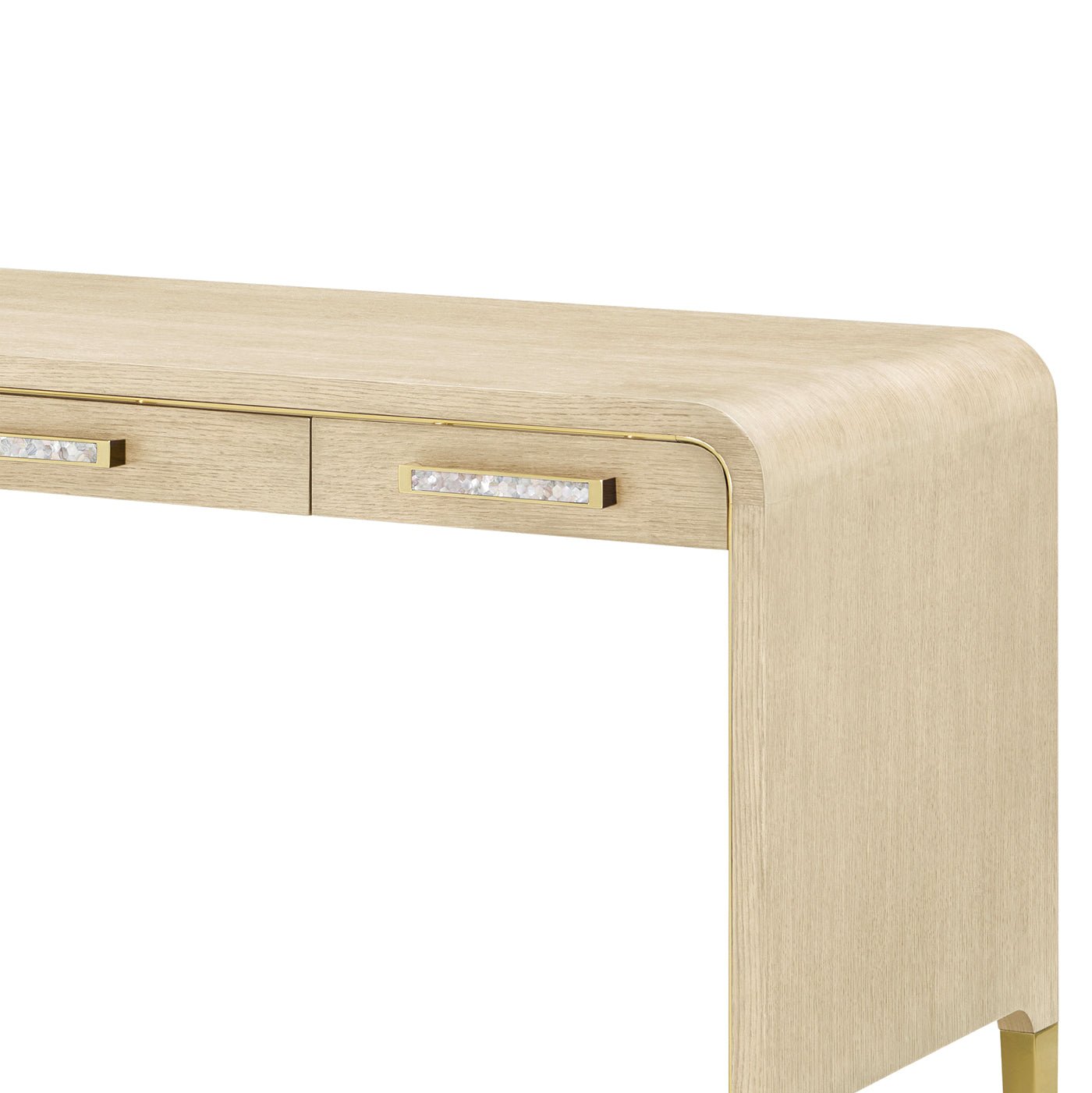 Close-up of the Light Hollywood Regency desk top and drawers.