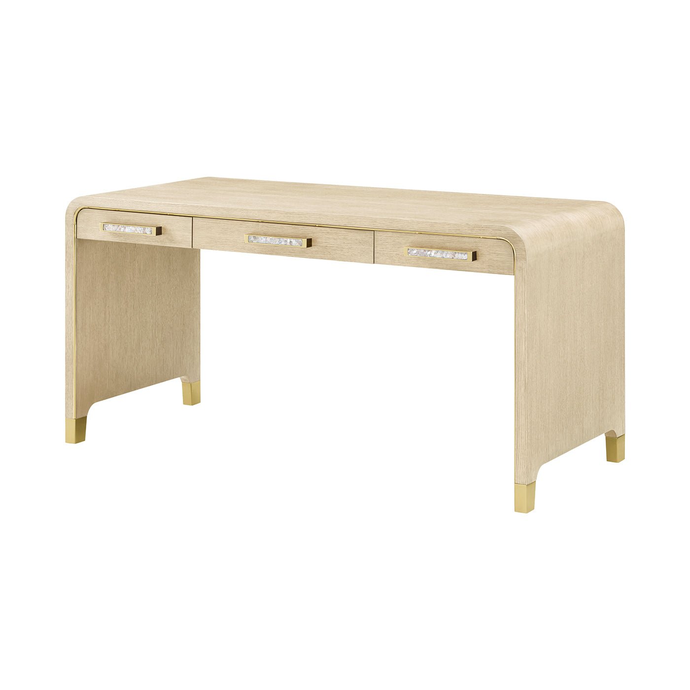 Light Hollywood Regency desk with three drawers, corner view.