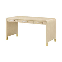 Light Hollywood Regency desk with three drawers, corner view.