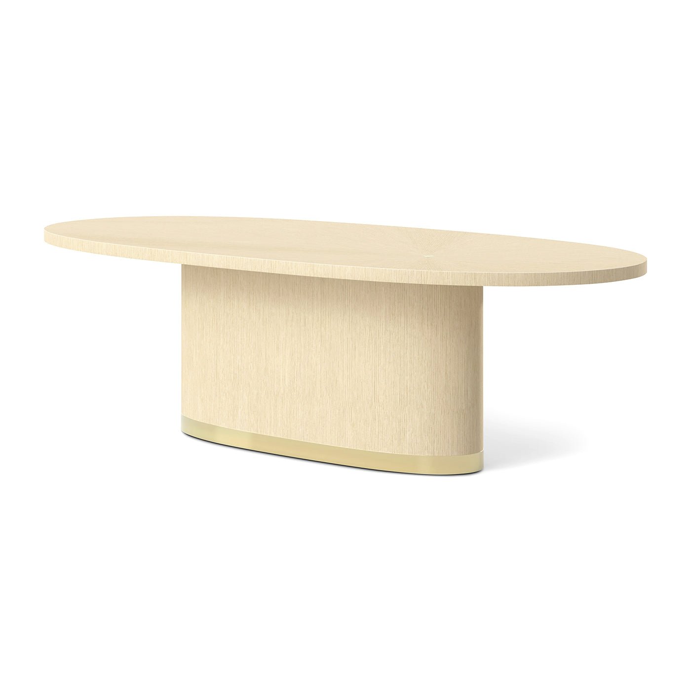 Light oak oval dining table, angle view.