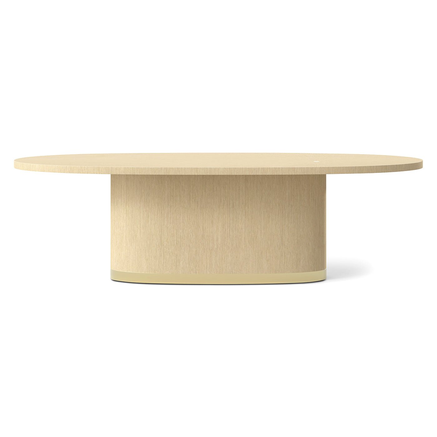 Light oak oval dining table, front view.