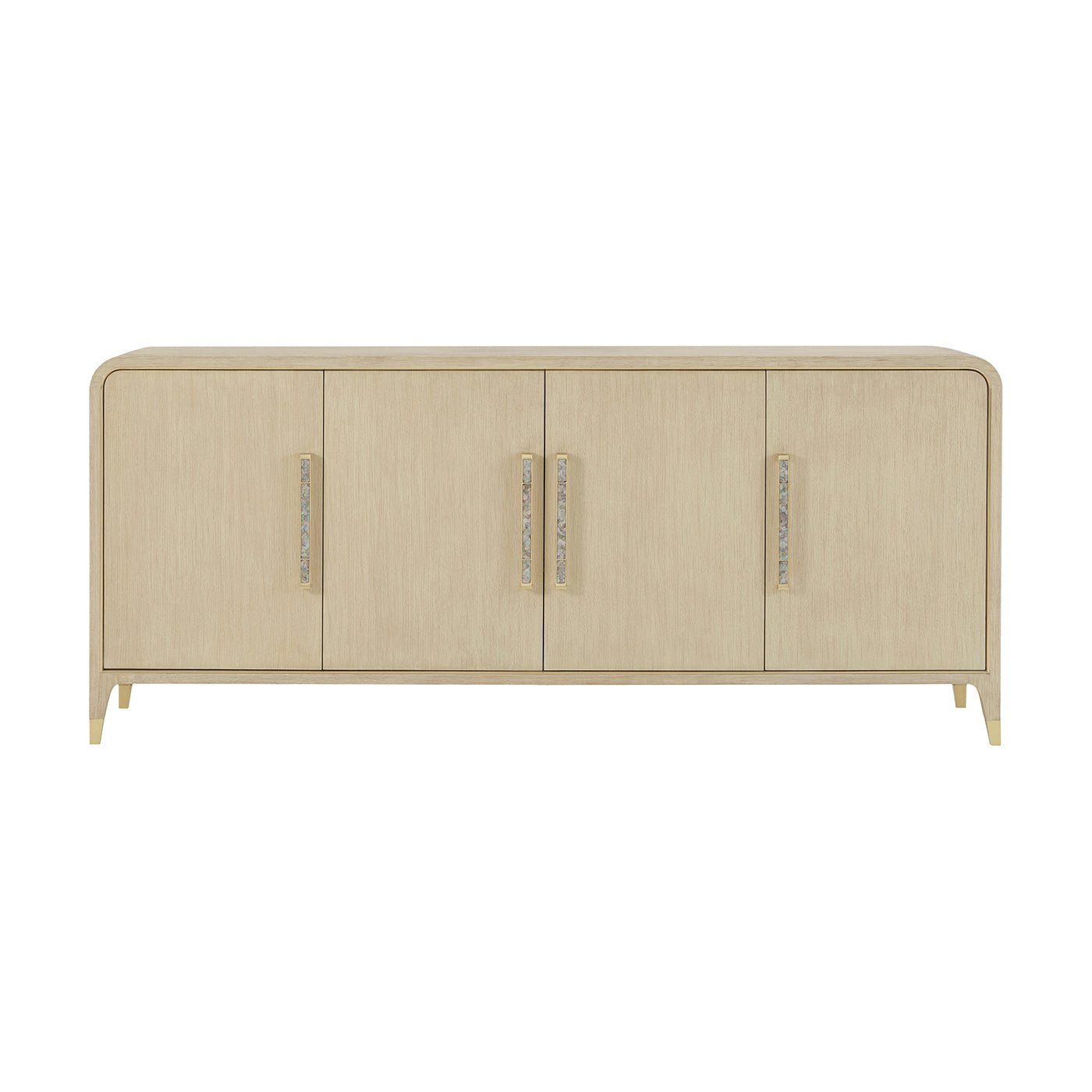 Light Hollywood Regency sideboard buffet, front view, closed doors.