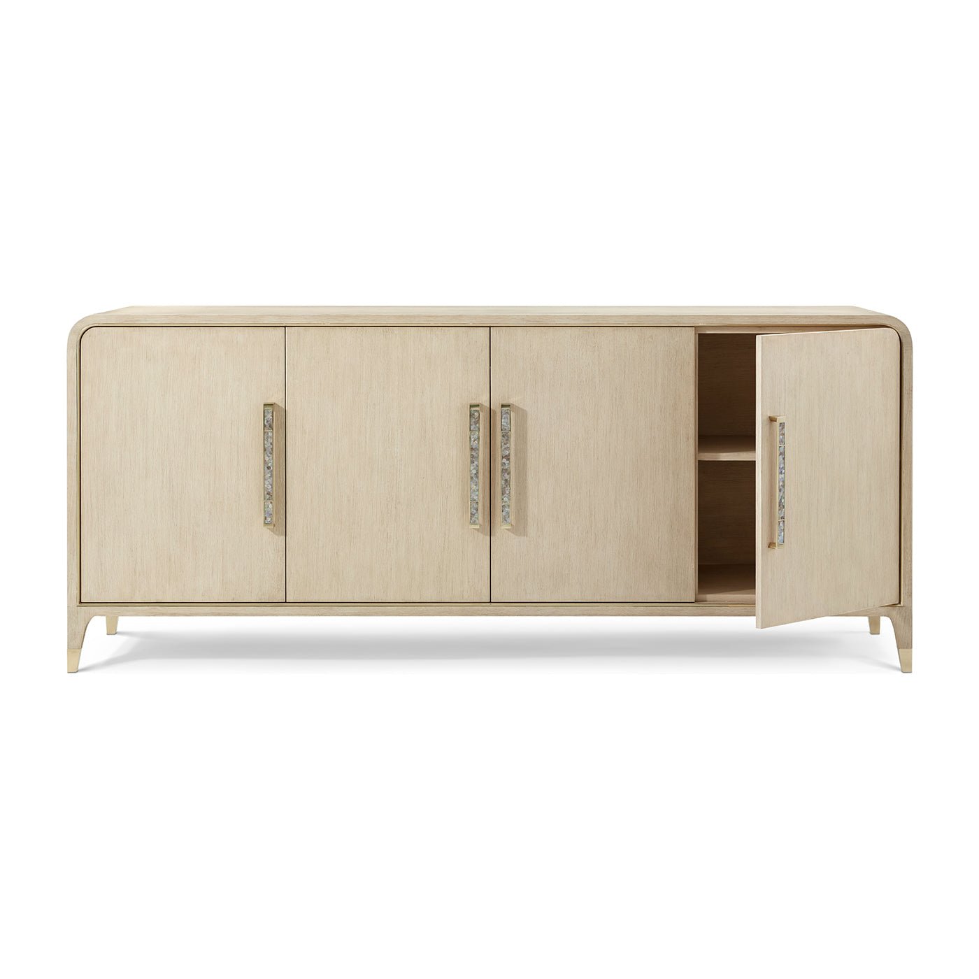 Light Hollywood Regency sideboard buffet, one door open, interior shelves.
