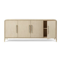Light Hollywood Regency sideboard buffet, one door open, interior shelves.