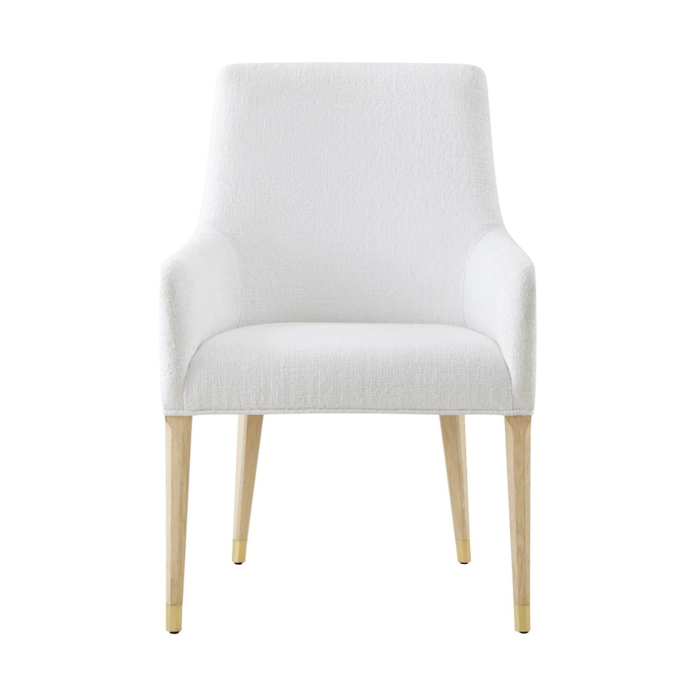 Front view of white upholstered armchair with armrests.