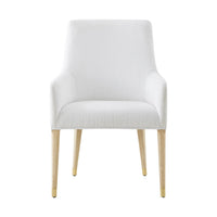 Front view of white upholstered armchair with armrests.