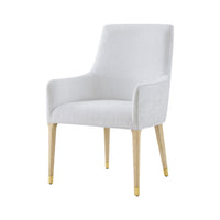 White upholstered armchair with wooden legs, front view.