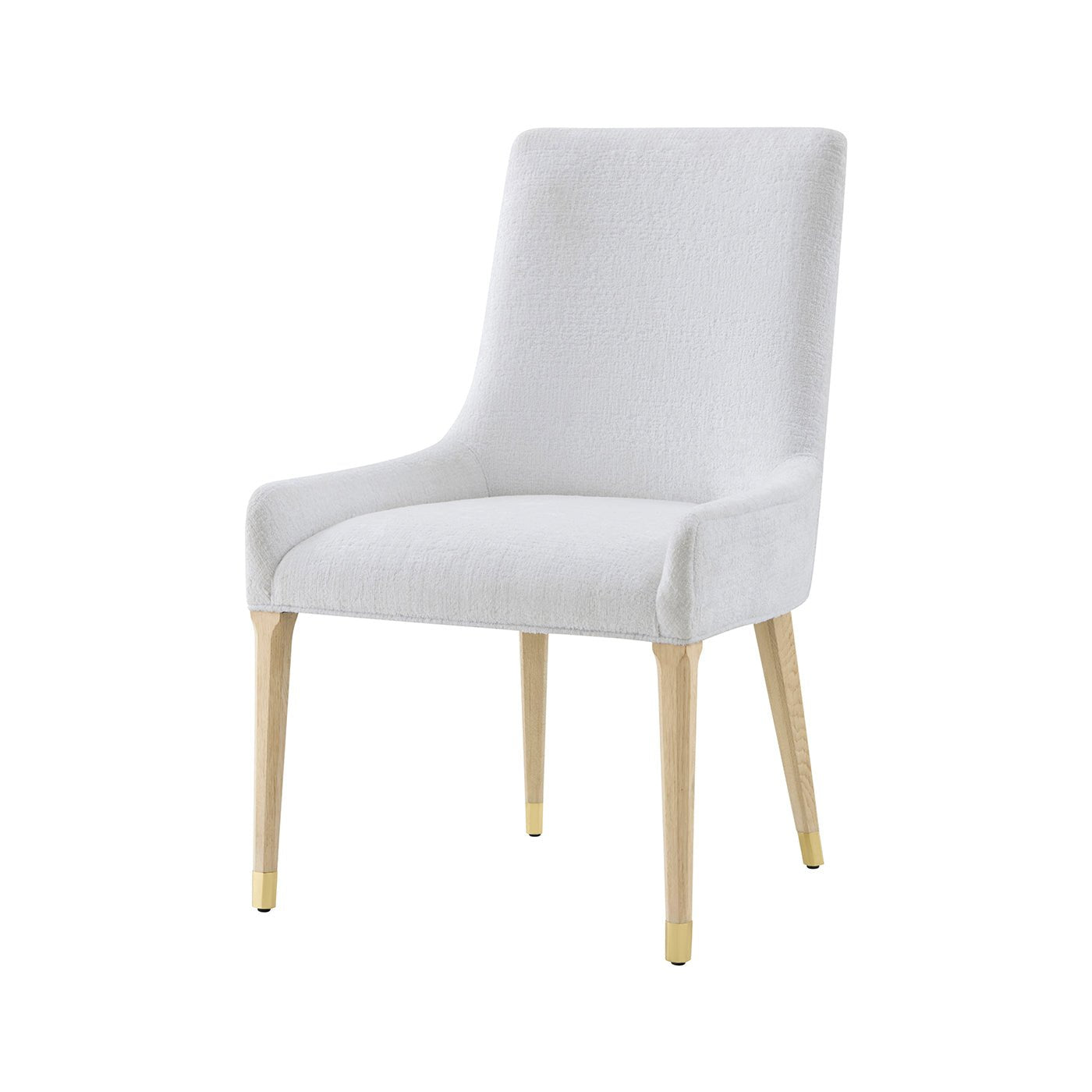 White upholstered dining chair, front angle view.