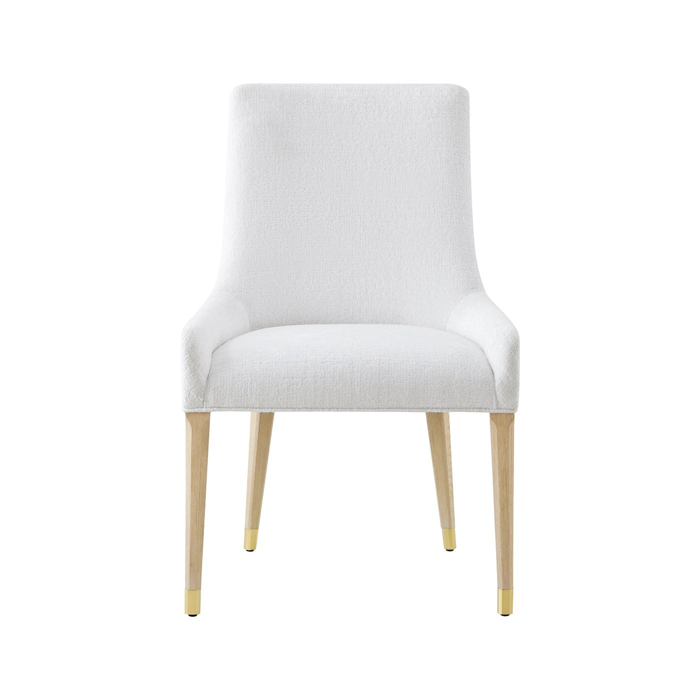 White upholstered chair, front view with gold accents.